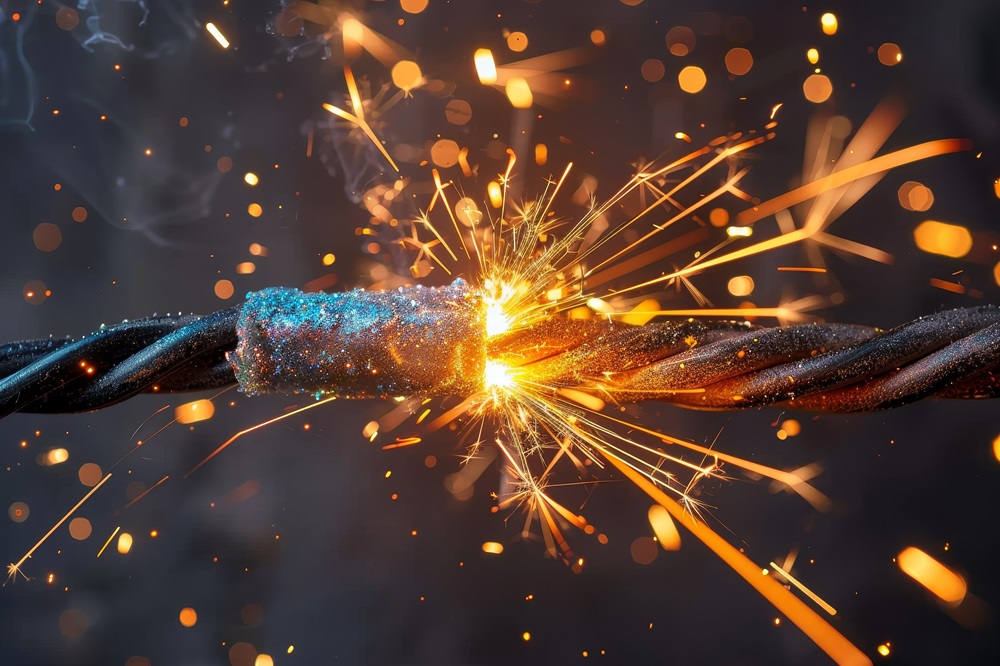 Macro image showcasing a close-up of an electric wire causing vibrant and colorful sparks due to a short circuit