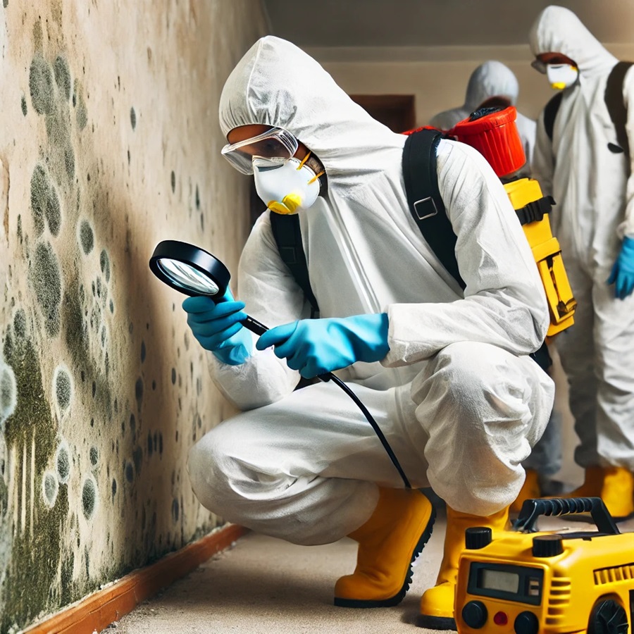 A professional mold remediation team in protective gear inspecting and removing mold from the walls of a home.