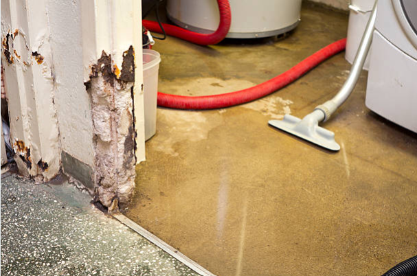 Close-up of a water-damaged basement in a Pennsylvania home; showing buckled hardwood flooring, waterlogged drywall, and visible moisture stains on the walls | Insurance Claim Restoration in Abington