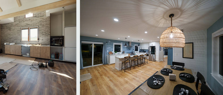 A beautifully restored living room and kitchen interior after water damage restoration; fresh drywall, new flooring, clean paint; showcasing a complete before-and-after transformation in a Pennsylvania home | Insurance Claim Restoration in Abington