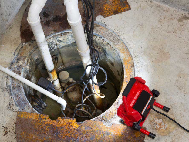 Sump pump preventing water seeping through floor in Montgomery County basement