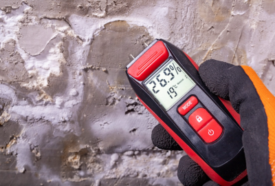 Water damage restoration near me in Montgomery County PA ; professional technician checking moisture levels