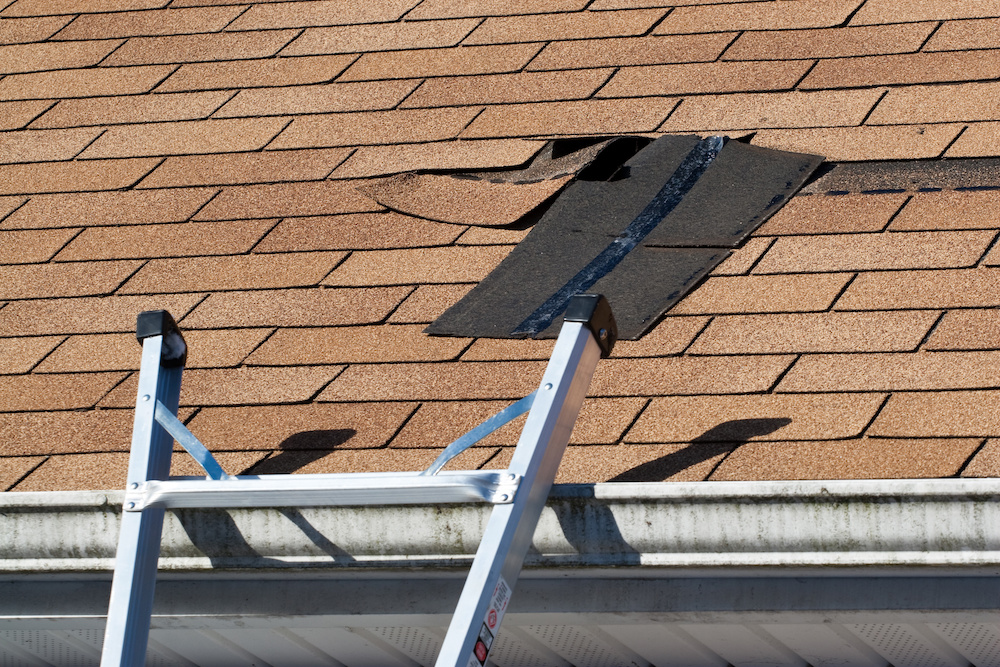 A roof with damaged shingles