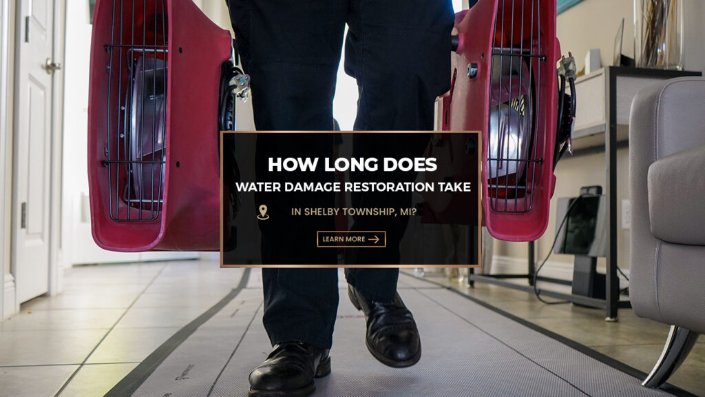 Worker carrying two red air movers on a protective mat for