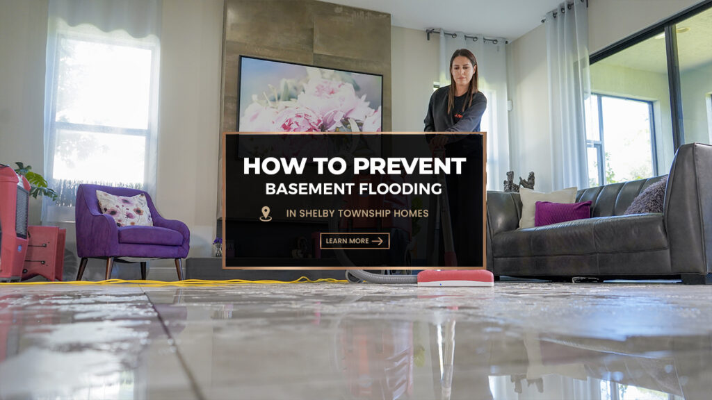 Woman cleaning a wet, tiled basement floor with a