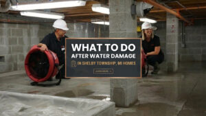 Water damage restoration workers using industrial fans in a flooded basement.