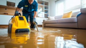 Emergency water damage response technician extracting standing water from flooded Shreveport home living room