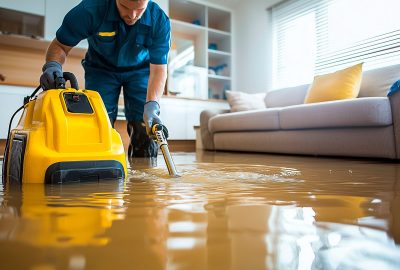 Emergency water damage response technician extracting standing water from flooded Shreveport home living room