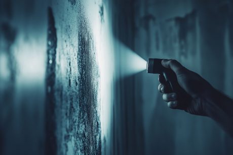 Close-up of dark mold spots on a damp wall corner, a clear signs of mold Shreveport home.