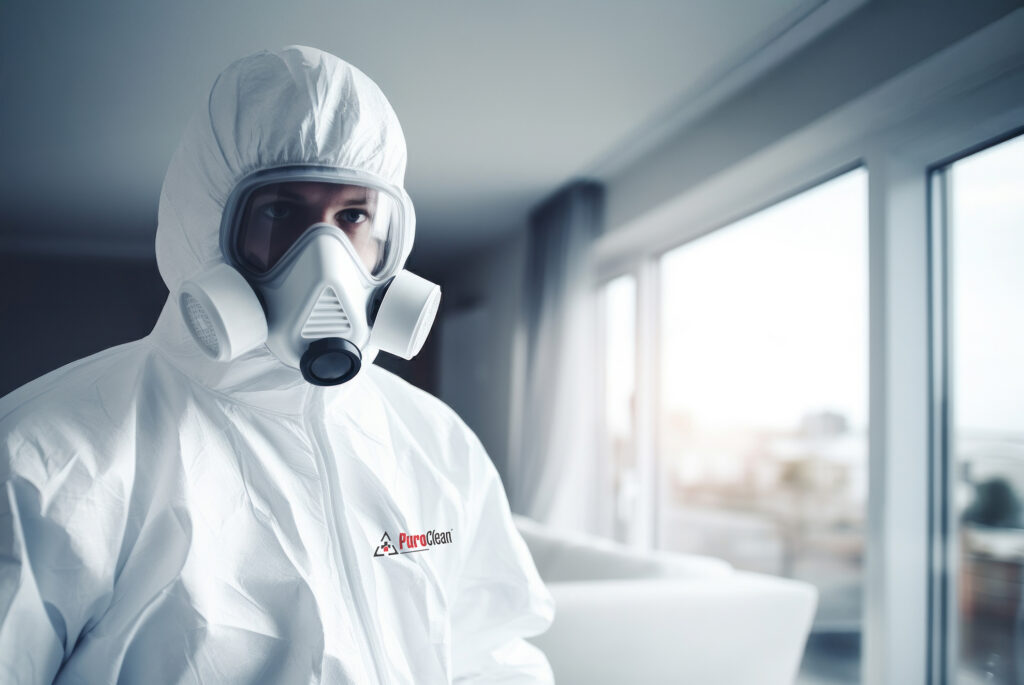 PuroClean technician dressed in PPE for biohazard cleanup services. 