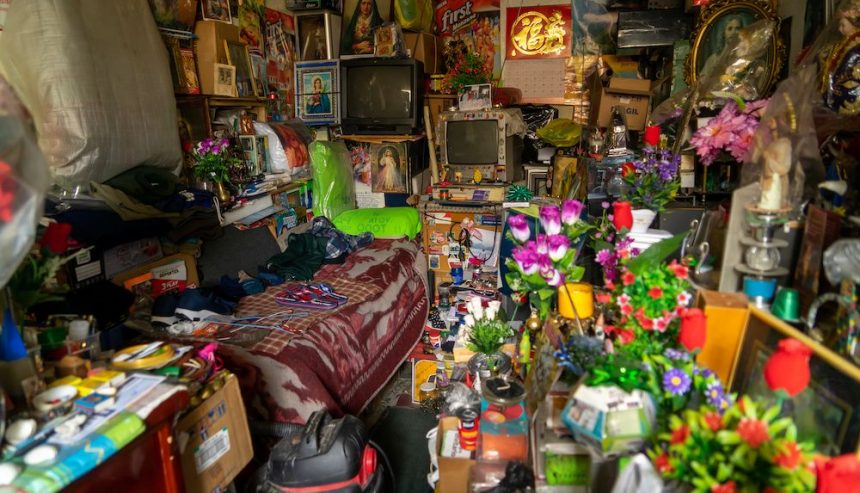 A cluttered room filled with boxes, plants, and various items, illustrating the challenges of hoarding.