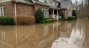 Murky, contaminated, Category 3 or 'Black Water' floodwater surrounding suburban brick house in Snohomish, Washington.