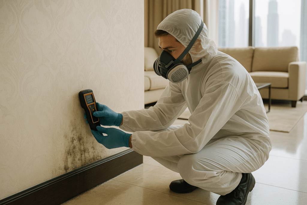 Professional inspecting wall moisture during mold remediation process