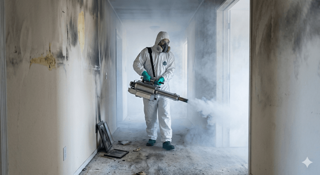 how to remove smoke smell from house, technician performing thermal fogging treatment in Merced, CA