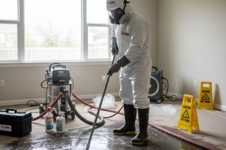 Professional sewage cleanup in Fresno wearing PPE