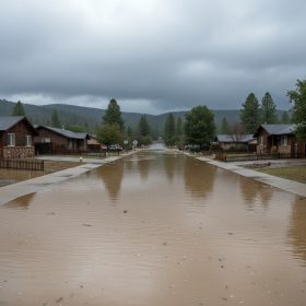 Flooding after heavy rain near Mariposa CA covering streets