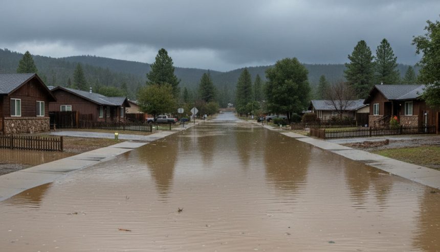 Flooding after heavy rain near Mariposa CA covering streets