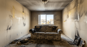 how to remove smoke smell from house smoke-damaged living room interior in Merced, CA