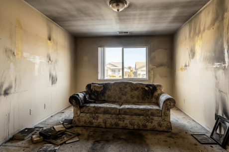 how to remove smoke smell from house smoke-damaged living room interior in Merced, CA