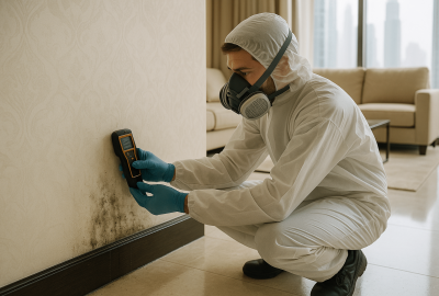 Professional inspecting wall moisture during mold remediation process