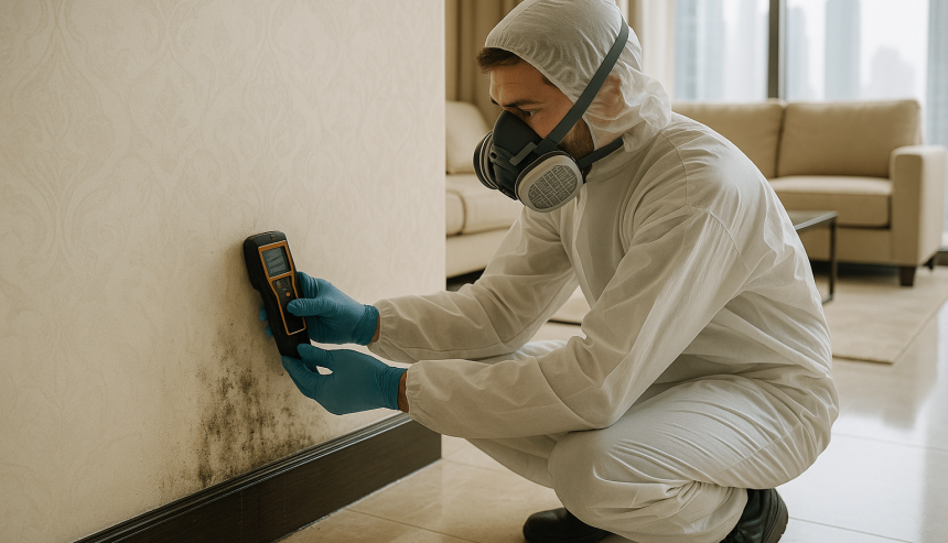 Professional inspecting wall moisture during mold remediation process