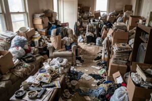 hoarding cleanup in a home with refuse and boxes throughout