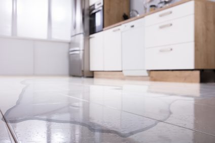 Water leaking across modern kitchen floor