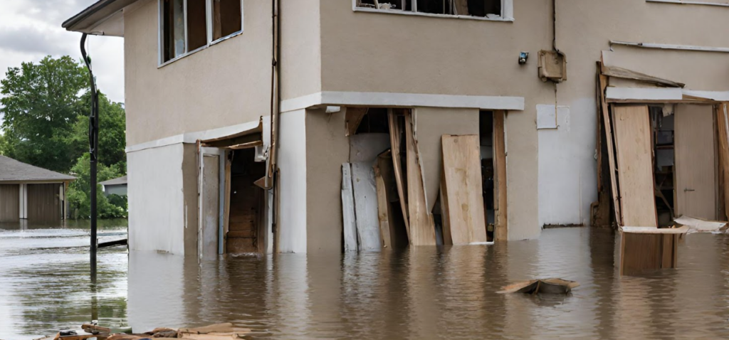 Flood water damaging residential house exterior