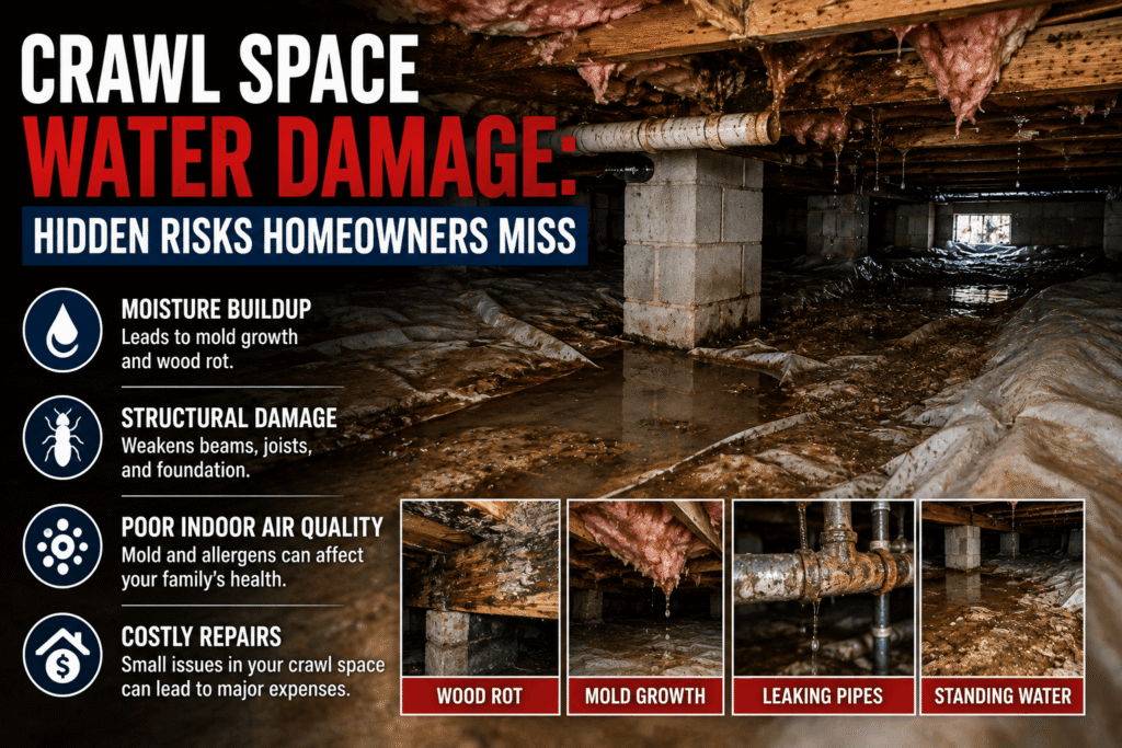 Technician inspecting crawl space for water damage and moisture with meter