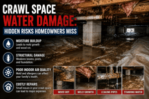 Technician inspecting crawl space for water damage and moisture with meter