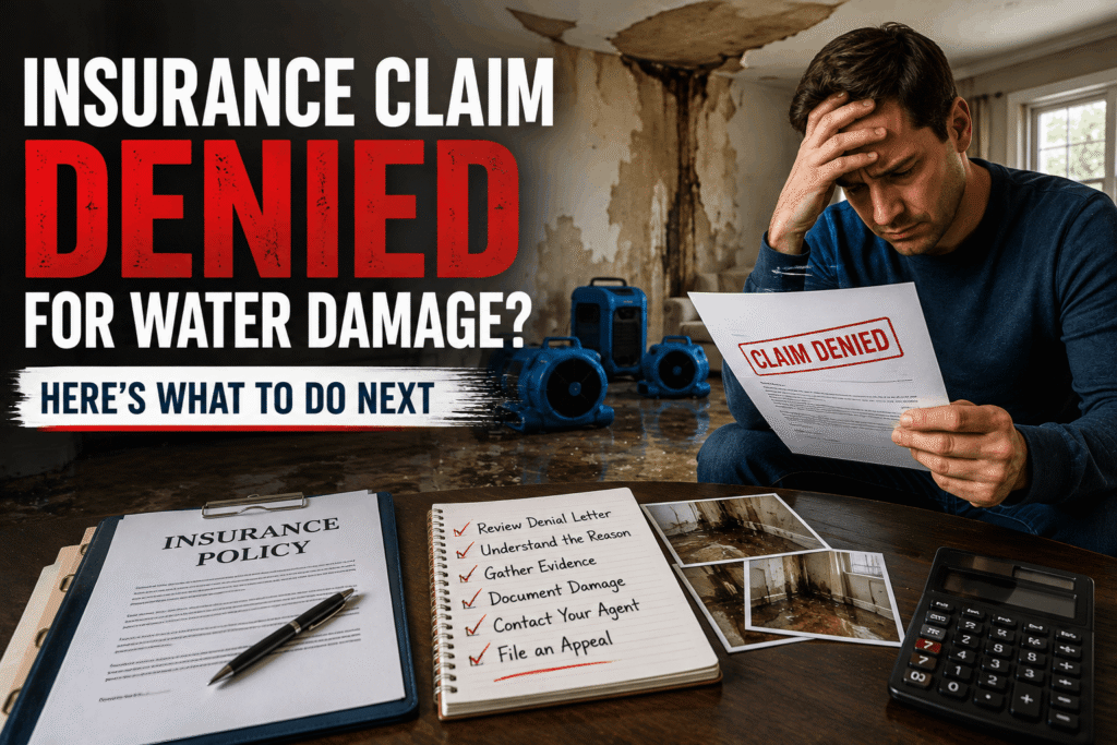 Restoration technician documenting water damage for insurance claim appeal in Southlake TX
