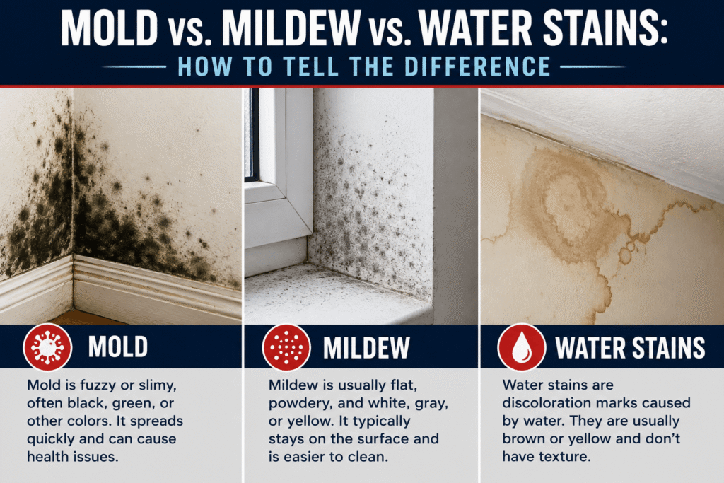 Close-up comparison of mold growth, mildew, and water stain on drywall surface