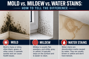 Close-up comparison of mold growth, mildew, and water stain on drywall surface