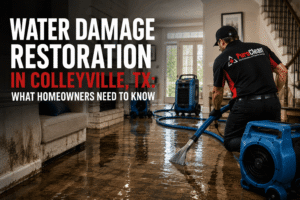 "IICRC certified technician using moisture meter during water damage restoration in Colleyville, TX home