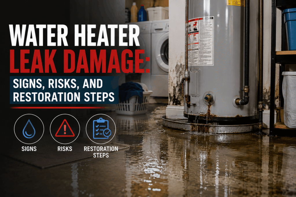 Technician inspecting water heater leak damage with moisture meter in Southlake TX home