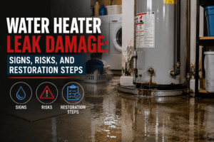 Technician inspecting water heater leak damage with moisture meter in Southlake TX home