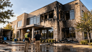 A stone commercial building shows extensive fire damage as two workers survey the scene. TITLE