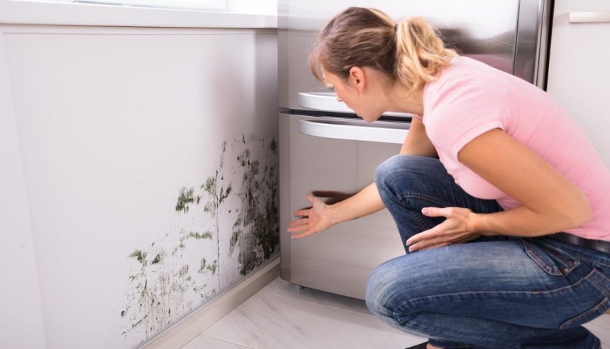 A woman dealing with mold issues in her kitchen