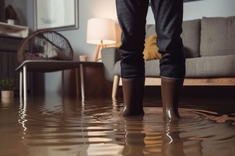 Person standing in a flooded living room wearing boots