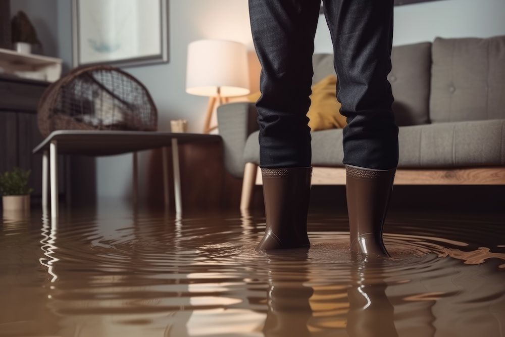 Person standing in a flooded living room wearing boots