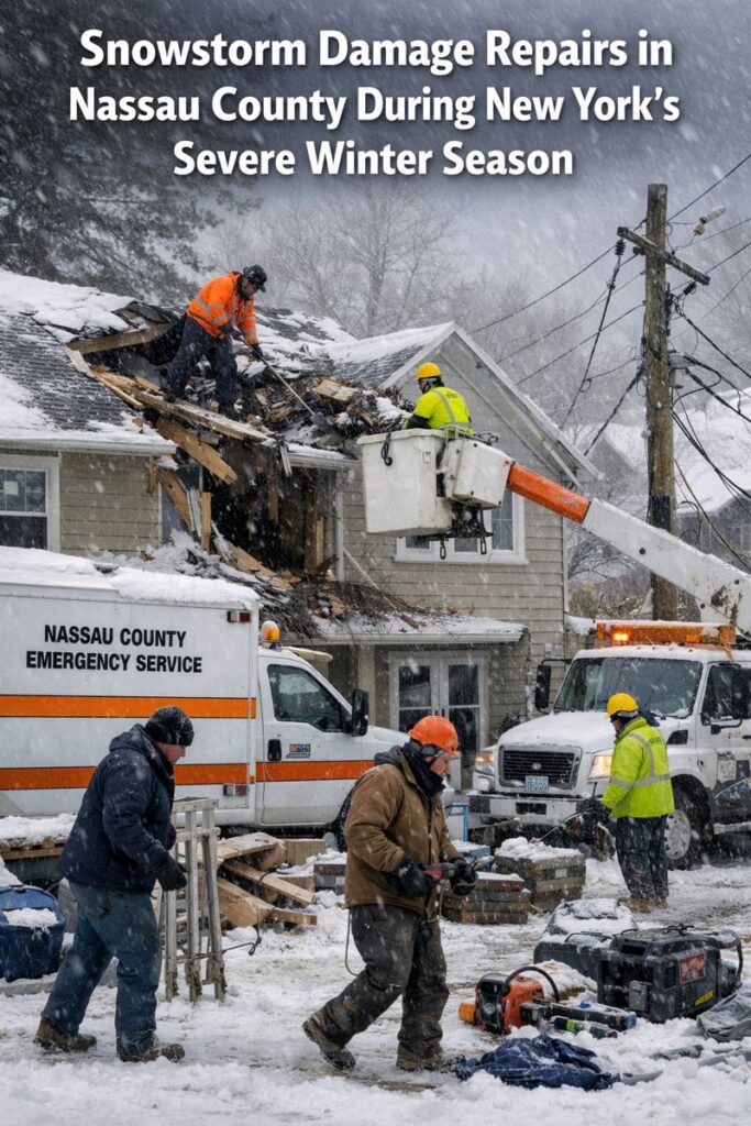 Snowstorm damage repairs in Nassau County