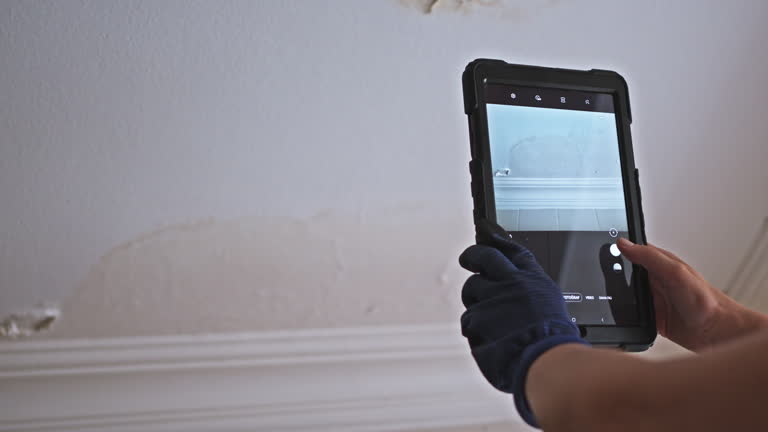 A gloved hand holds a tablet, recording water damage on a white ceiling as part of Complete Guide on Water Damage Restoration in the Bronx: Who Pays, What to Do in 2027
