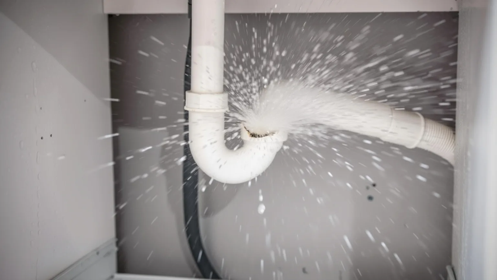 Water spraying from a burst white PVC P-trap pipe under