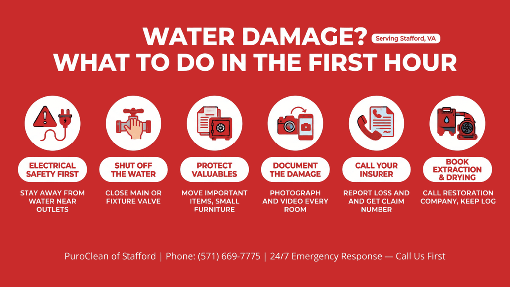 Infographic outlining 6 essential steps to take in the first hour after experiencing water damage, by PuroClean of Stafford.   