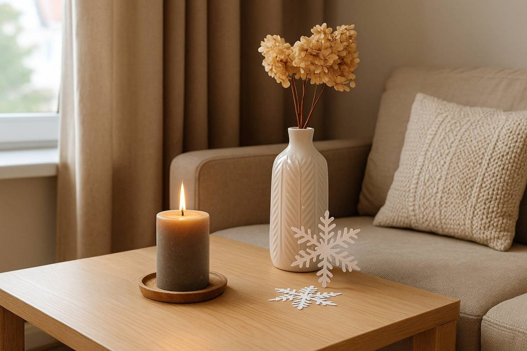 Unsafe candle placement near curtains and paper decorations in Stamford living room