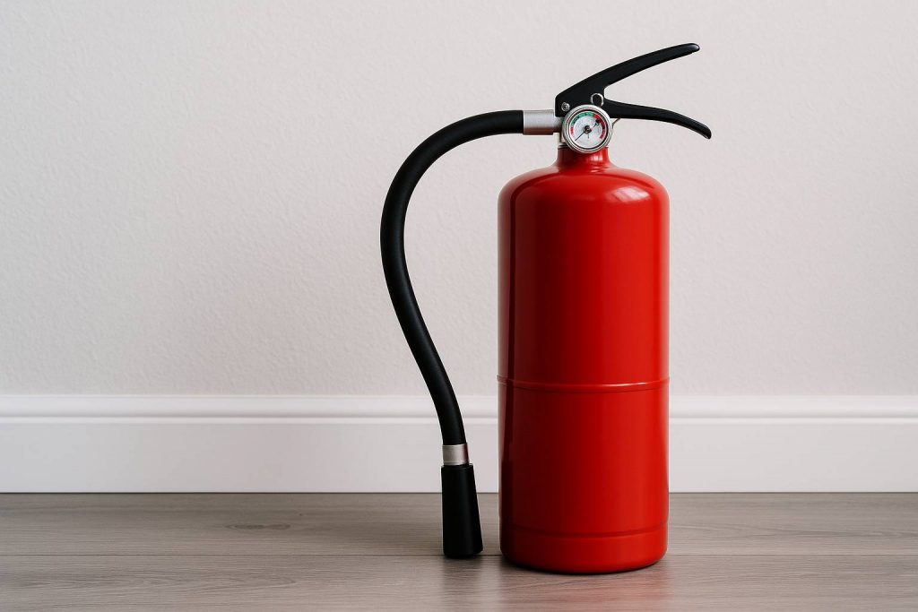 Red fire extinguisher for home fire safety in Stamford kitchen