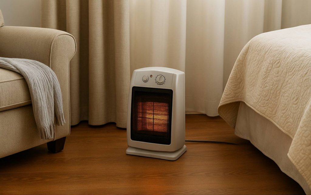 Space heater too close to fabric and curtains creating fire hazard in Stamford home