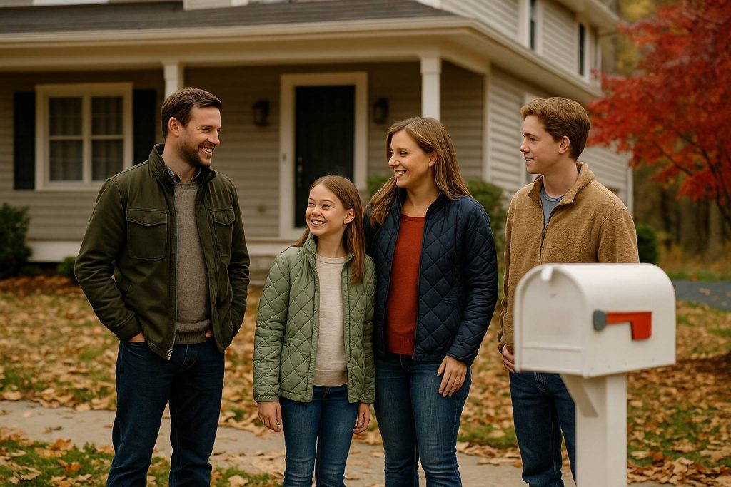 Stamford family practicing fire escape plan at mailbox during autumn