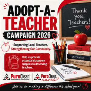 Adopt-A-Teacher Campaign 2026 poster with school supplies, books, and
