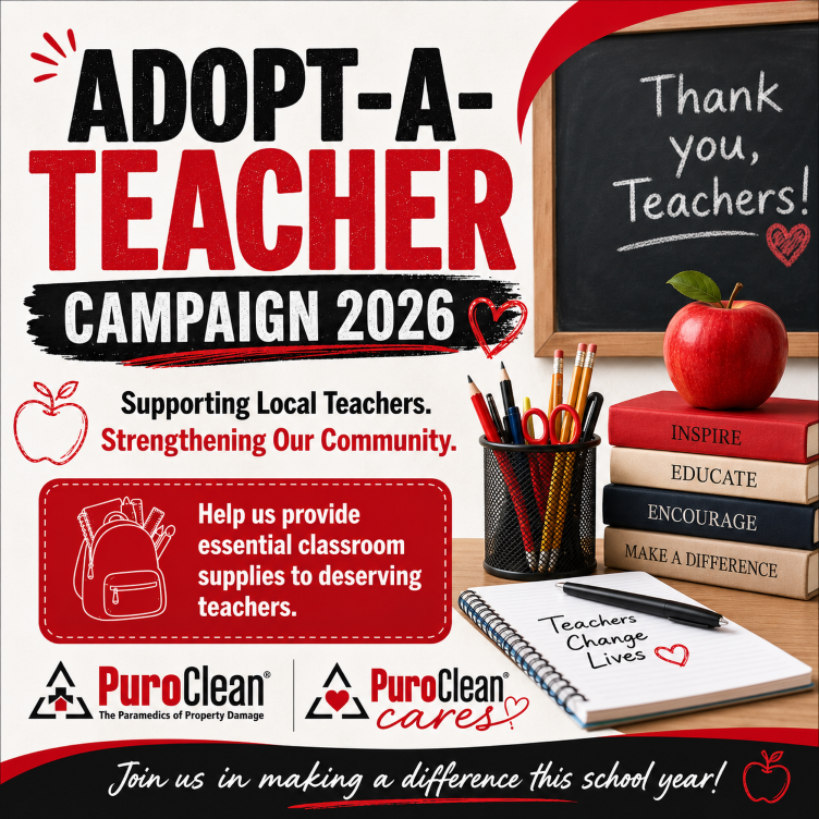 Adopt-A-Teacher Campaign 2026 poster with school supplies, books, and